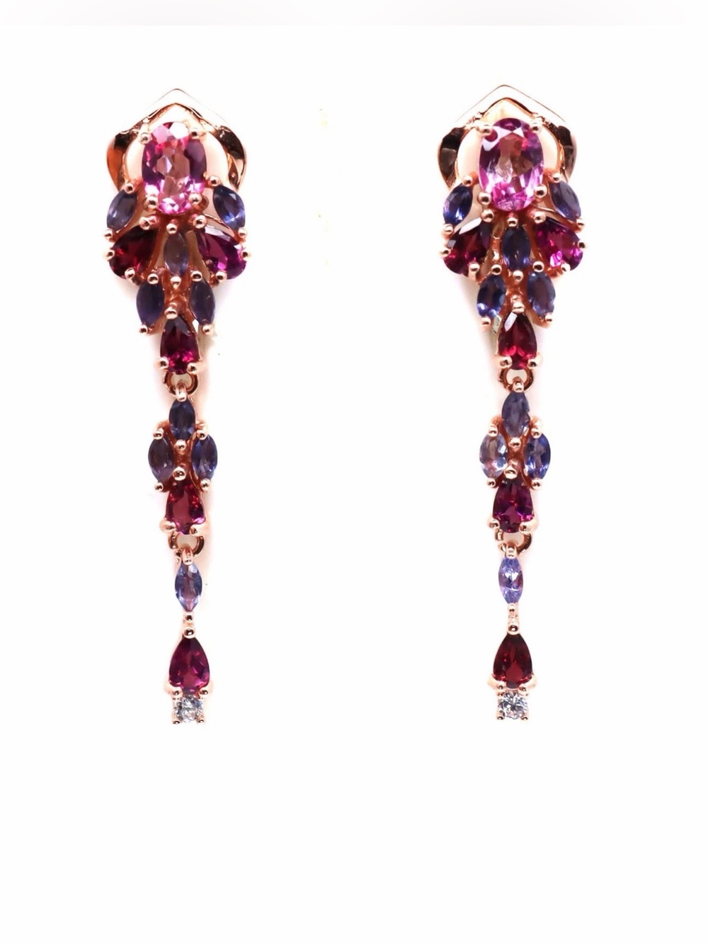 Exquisite Natural Amethyst, Garnet, Iolite 18K Rose Gold over SS Dangle Earring